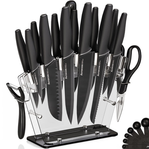 Astercook knife set front packaging showing full 22-piece collection and benefit convenience
