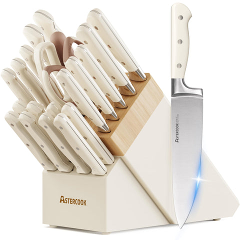 Astercook knife set front view showing full collection and cream-white block benefit