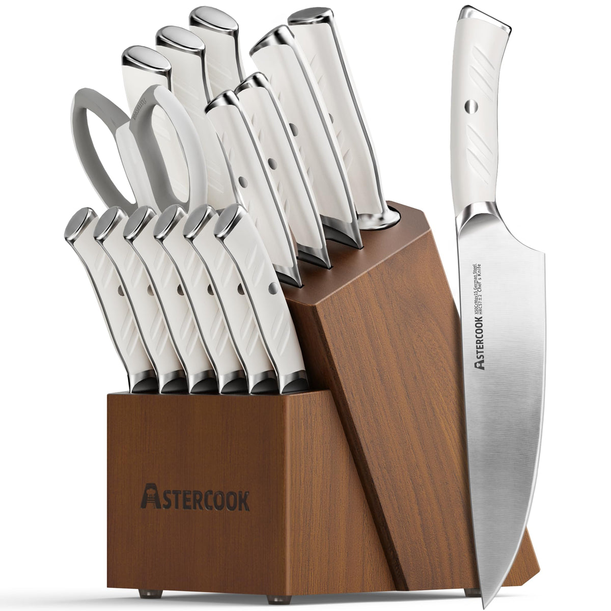 Astercook knife set front view showing block and all 15 pieces for organized storage