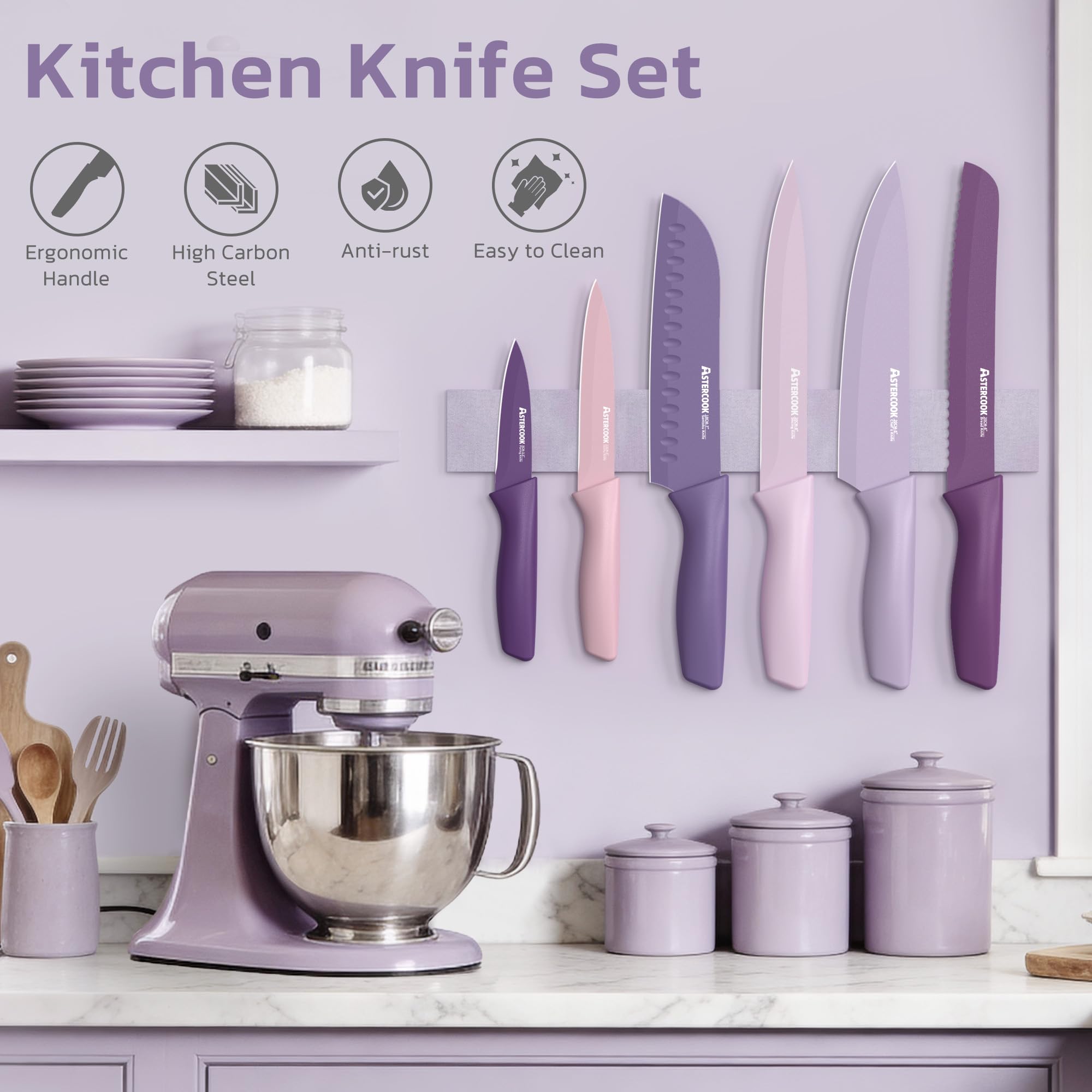 Astercook knife set with six blade guards showing safe storage benefit: protected blades