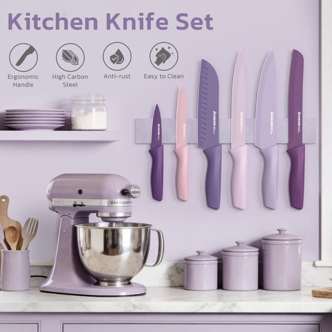 Astercook knife set with six blade guards showing safe storage benefit: protected blades