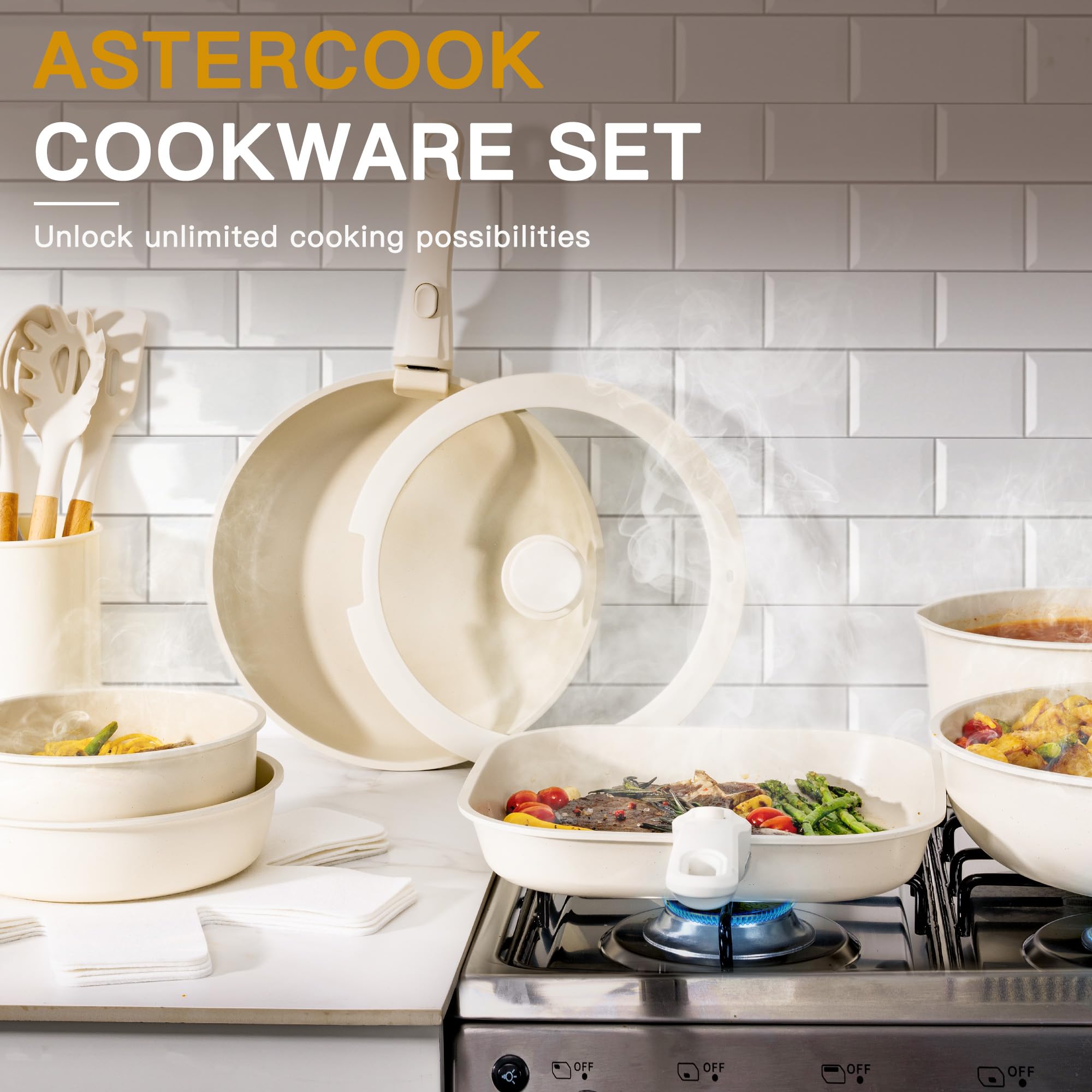 Astercook glass lid and pour-spout detail highlighting spill control advantage