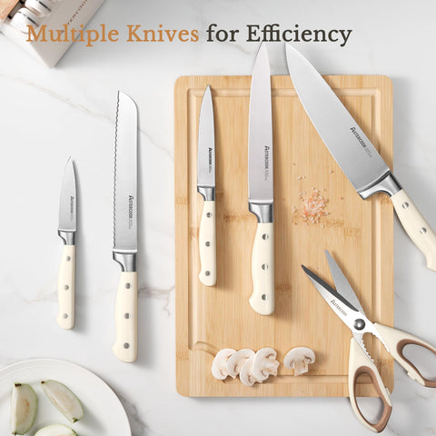 Astercook knife set on cream countertop illustrating stylish kitchen upgrade benefit
