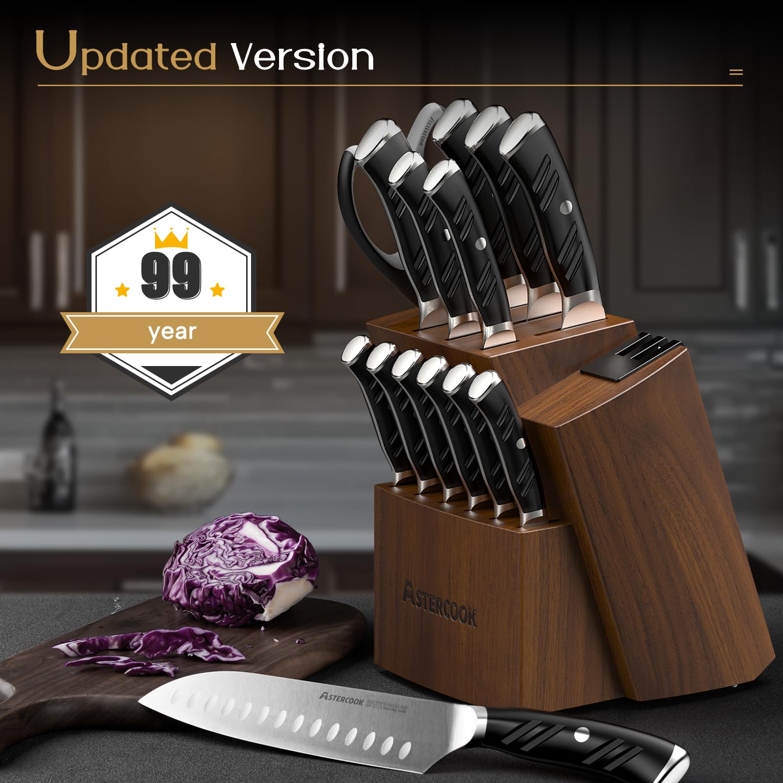 Astercook knife set staged in a modern kitchen showing premium look and function