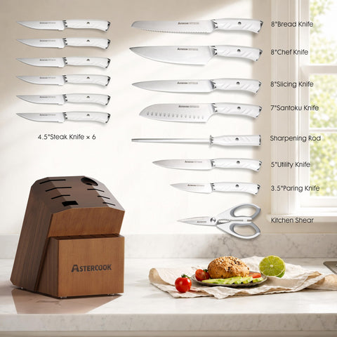 Astercook paring and utility blades scaled against produce showing precision cutting benefit