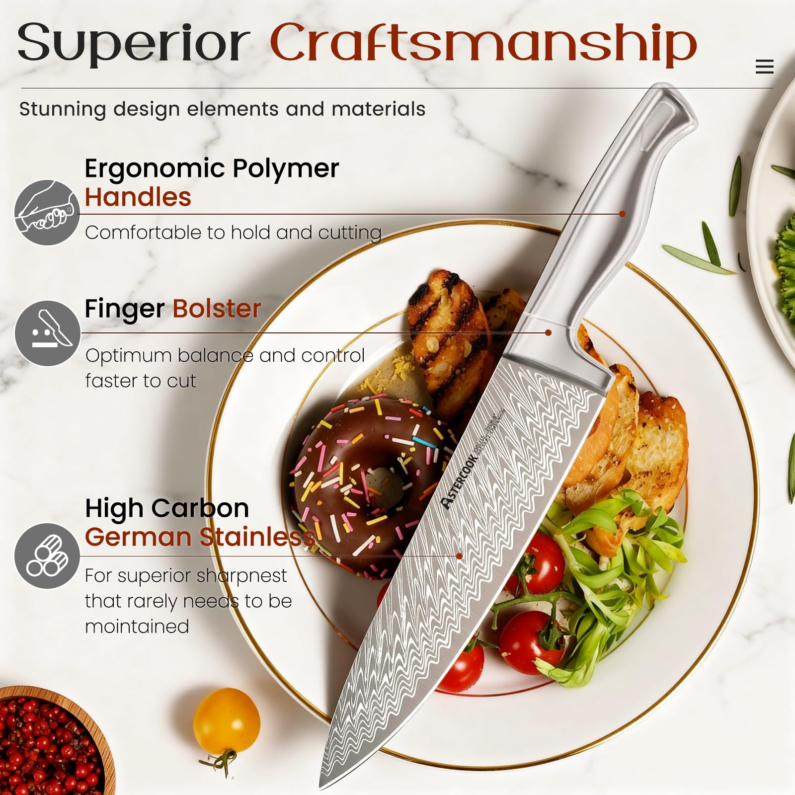 Astercook santoku and slicing knives on cutting board illustrating versatile prep benefits