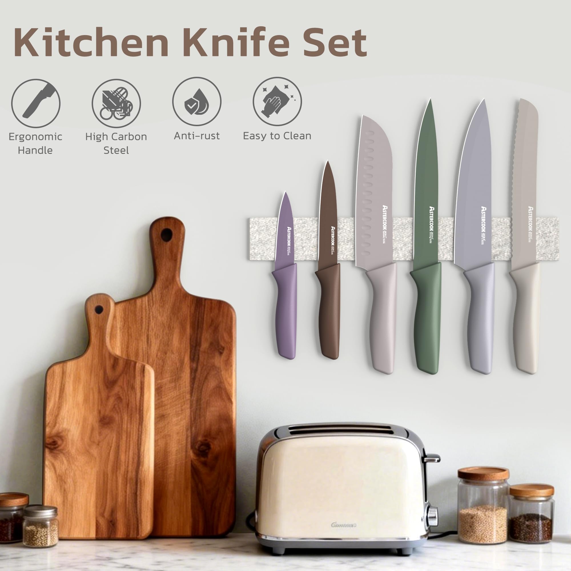 Astercook santoku blade angle highlighting non-stick finish benefit