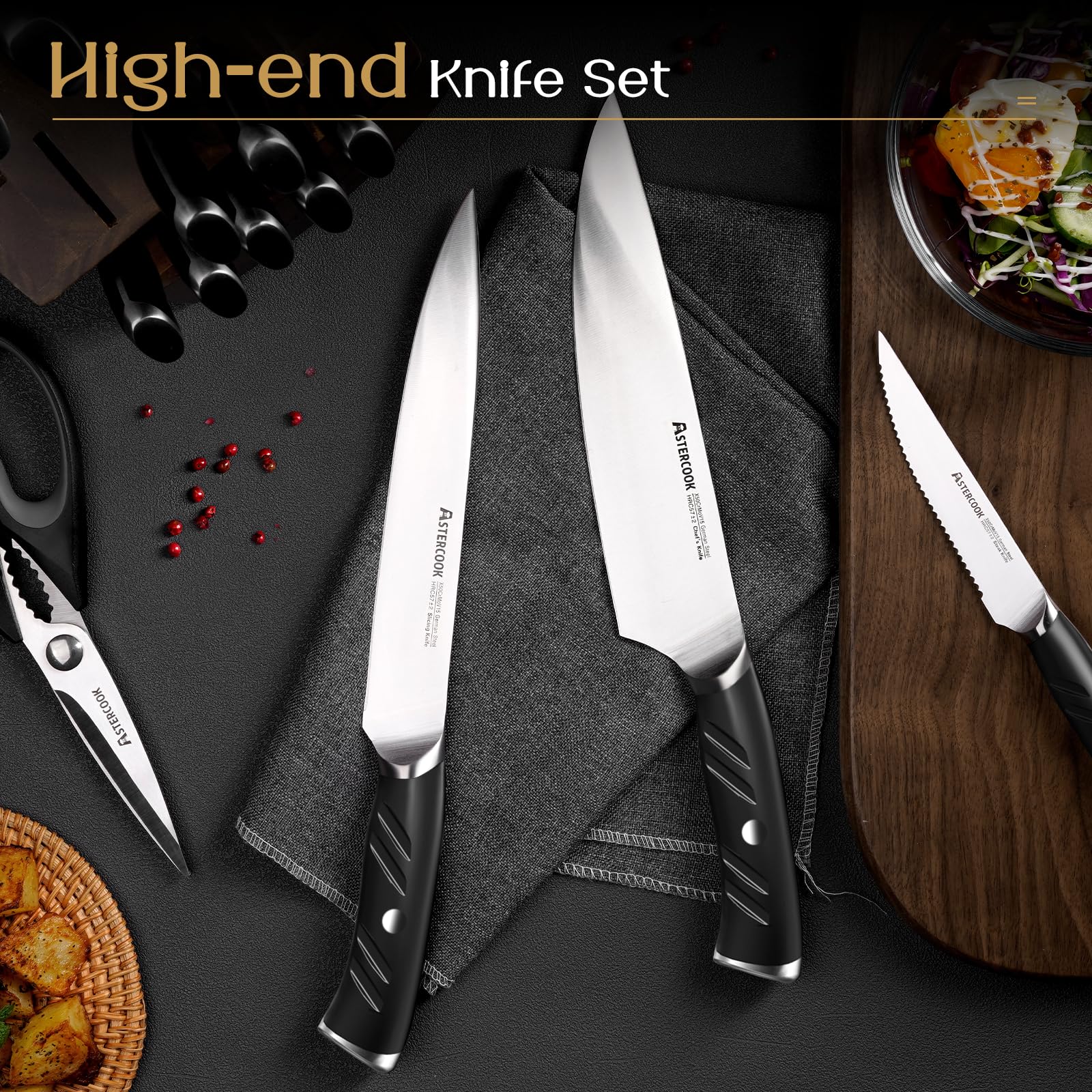 Astercook knife next to fruit for scale, illustrating blade length and household fit