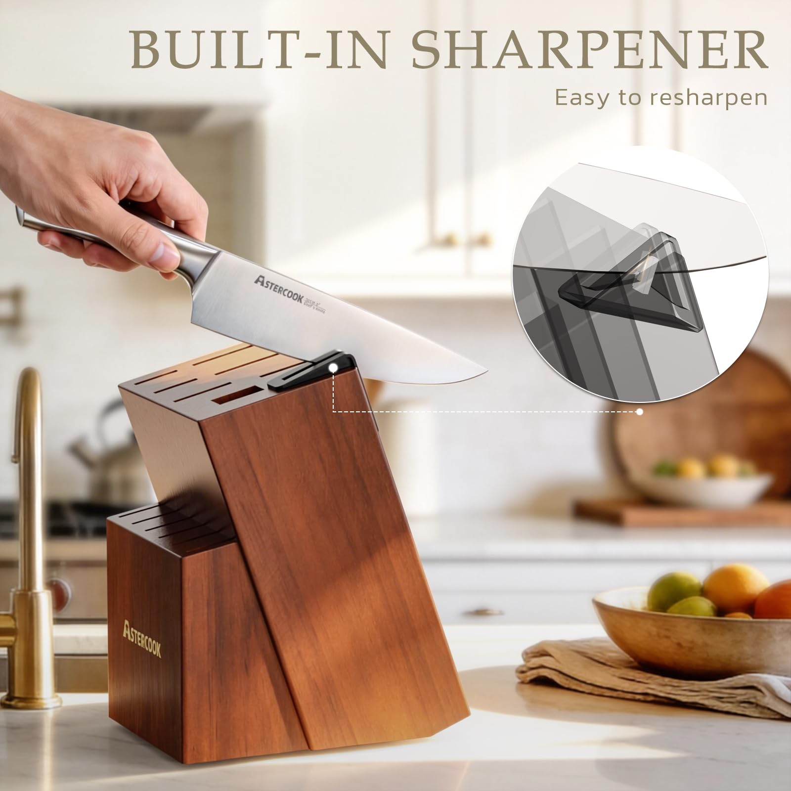 Astercook block sharpener detail illustrating convenient built-in blade maintenance