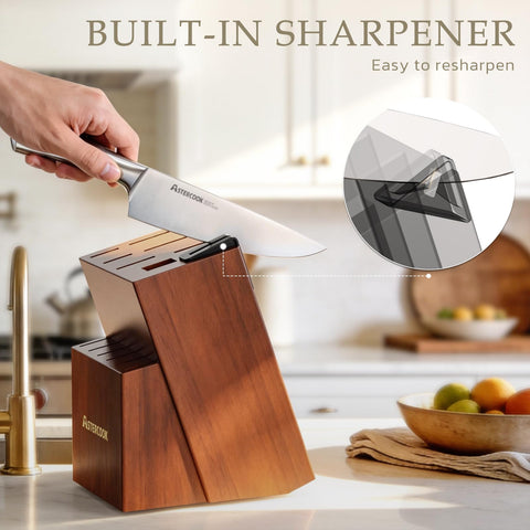 Astercook block sharpener detail illustrating convenient built-in blade maintenance