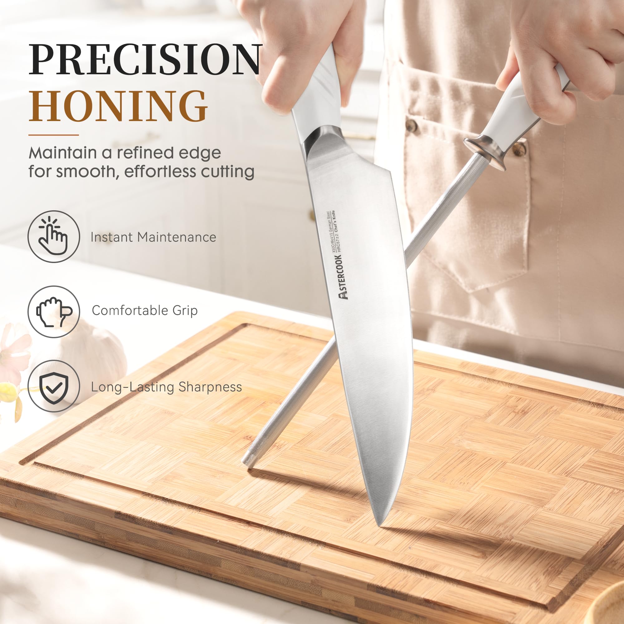 Astercook sharpening rod and shears displayed showing maintenance and prep convenience