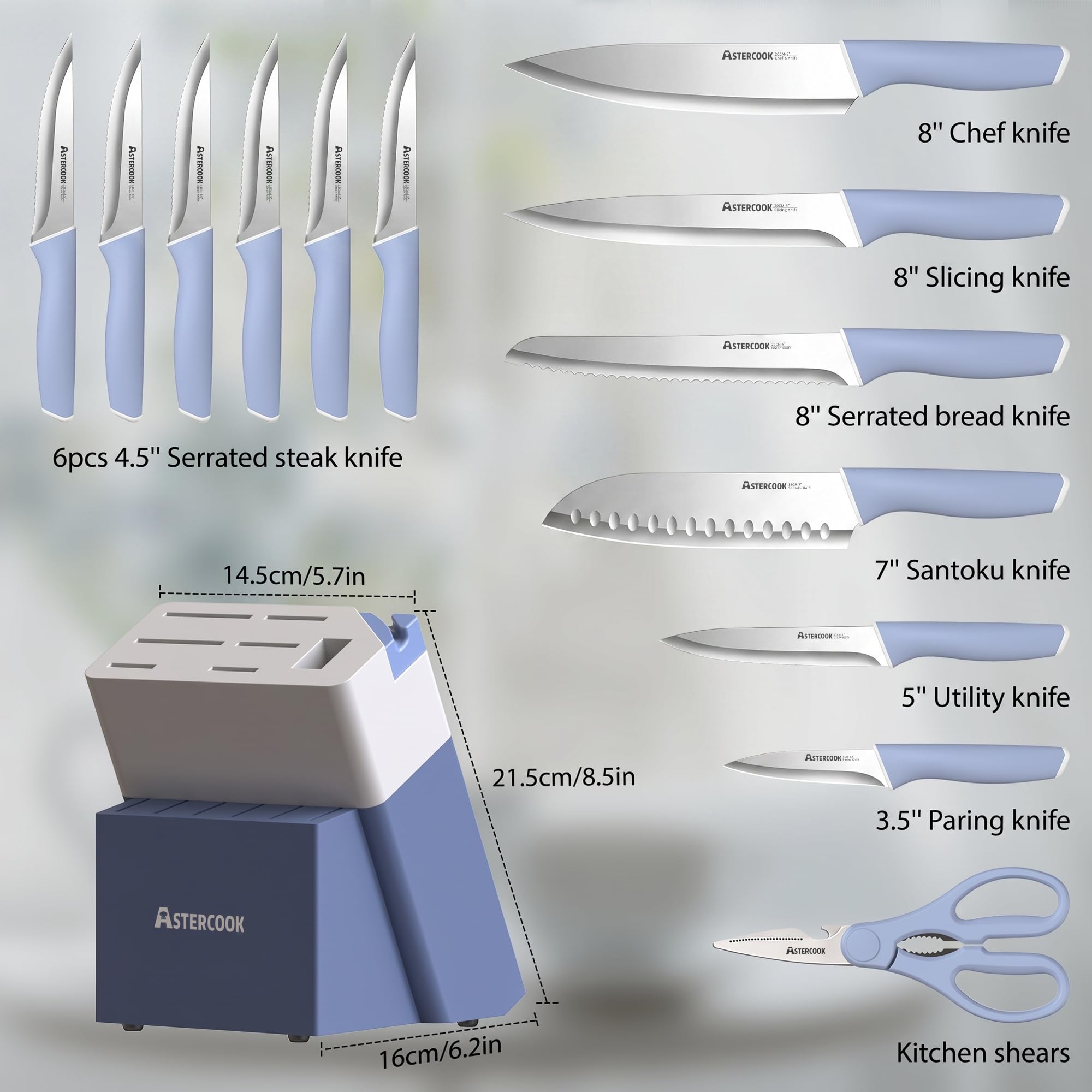 Astercook kitchen shears next to block sharpener for easy maintenance benefit