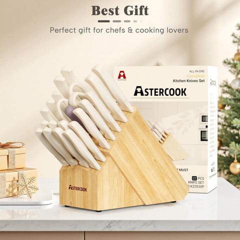 Astercook knives beside a cutting board to show scale and kitchen readiness benefit