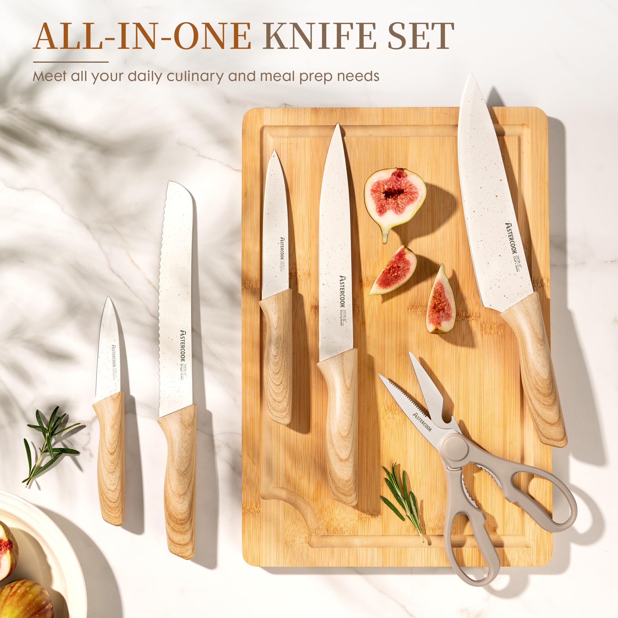 Astercook knives on cutting board for size comparison and scale