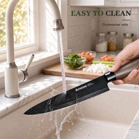 Astercook knives next to a ruler for size comparison illustrating blade lengths and scale