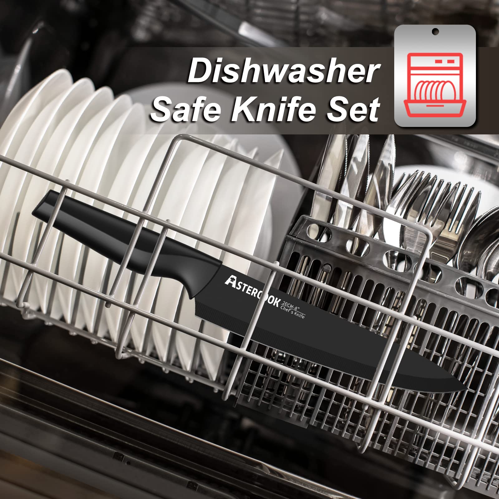 Astercook knives beside common kitchen items showing scale and space-saving benefit