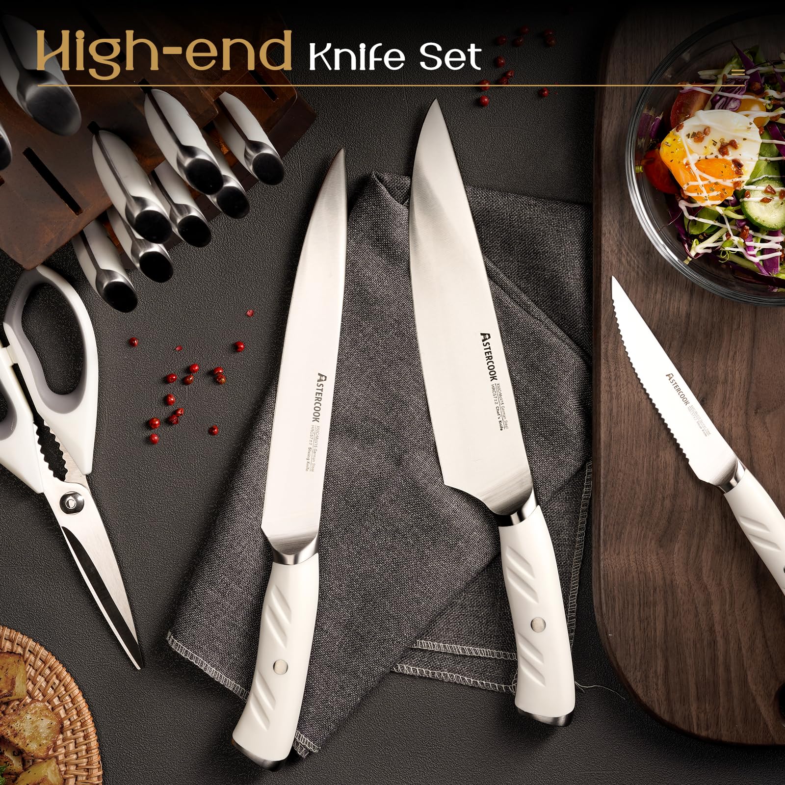 Astercook knives beside cutting board to show size and scale for prep planning