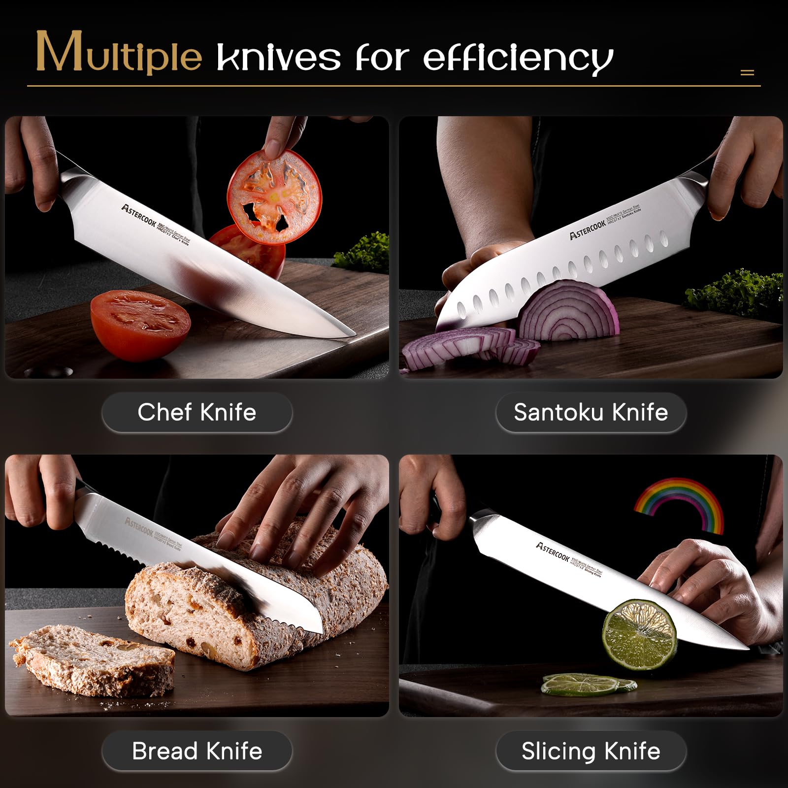Astercook slicing bread with serrated knife showing clean cuts and effortless slicing