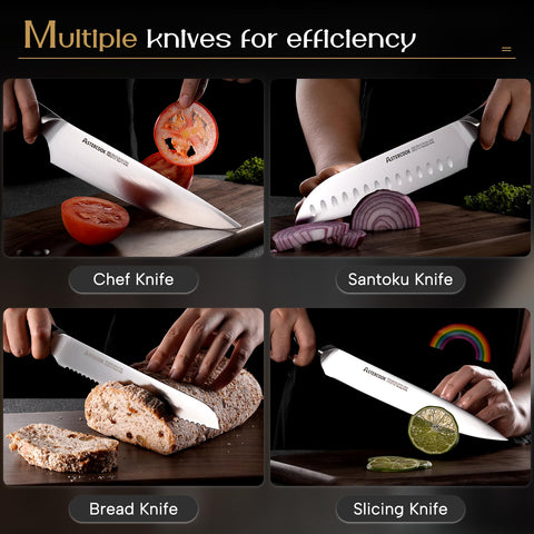 Astercook slicing bread with serrated knife showing clean cuts and effortless slicing