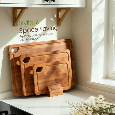 Astercook small board next to utensils showing compact, multiuse size