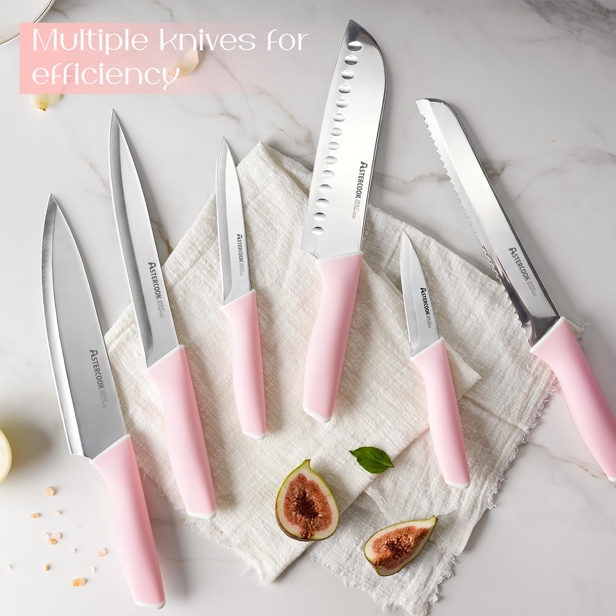 Astercook steak knives in block highlighting serrated blades and safe storage benefit