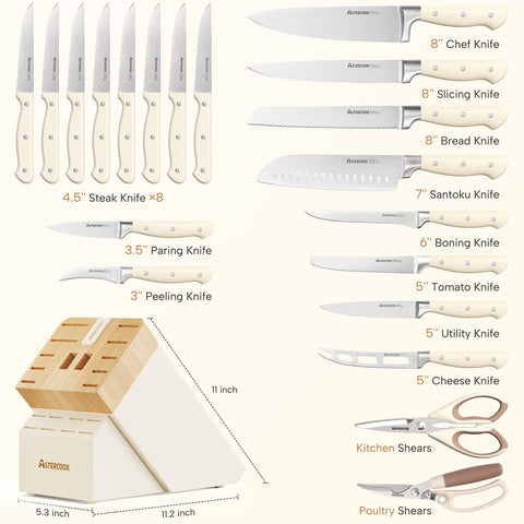 Astercook steak knives and shears arranged to show table-ready versatility
