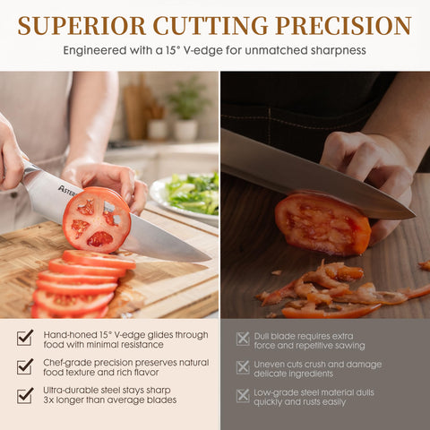 Astercook six steak knives and slicing knife arranged showing table-ready serrated performance