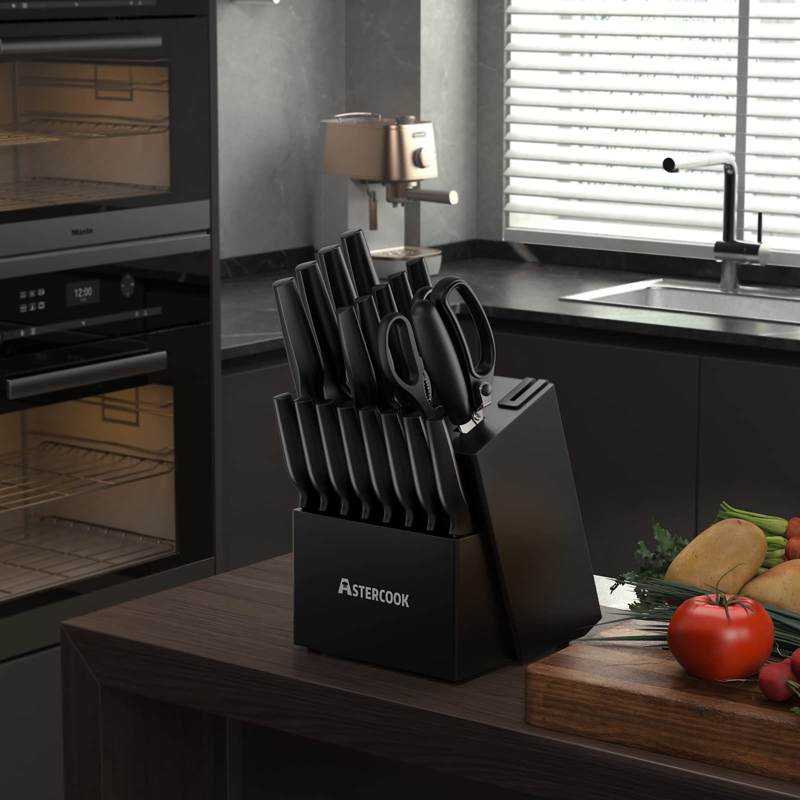 Astercook set of serrated steak knives laid at table showing elegant serving benefit