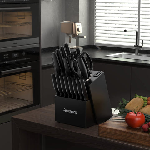Astercook set of serrated steak knives laid at table showing elegant serving benefit