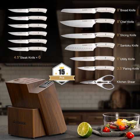Astercook serrated steak knives showcase emphasizing table-ready performance benefit