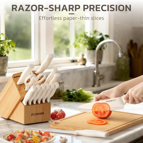 Astercook steak knives laid on table for easy serving and clean slicing
