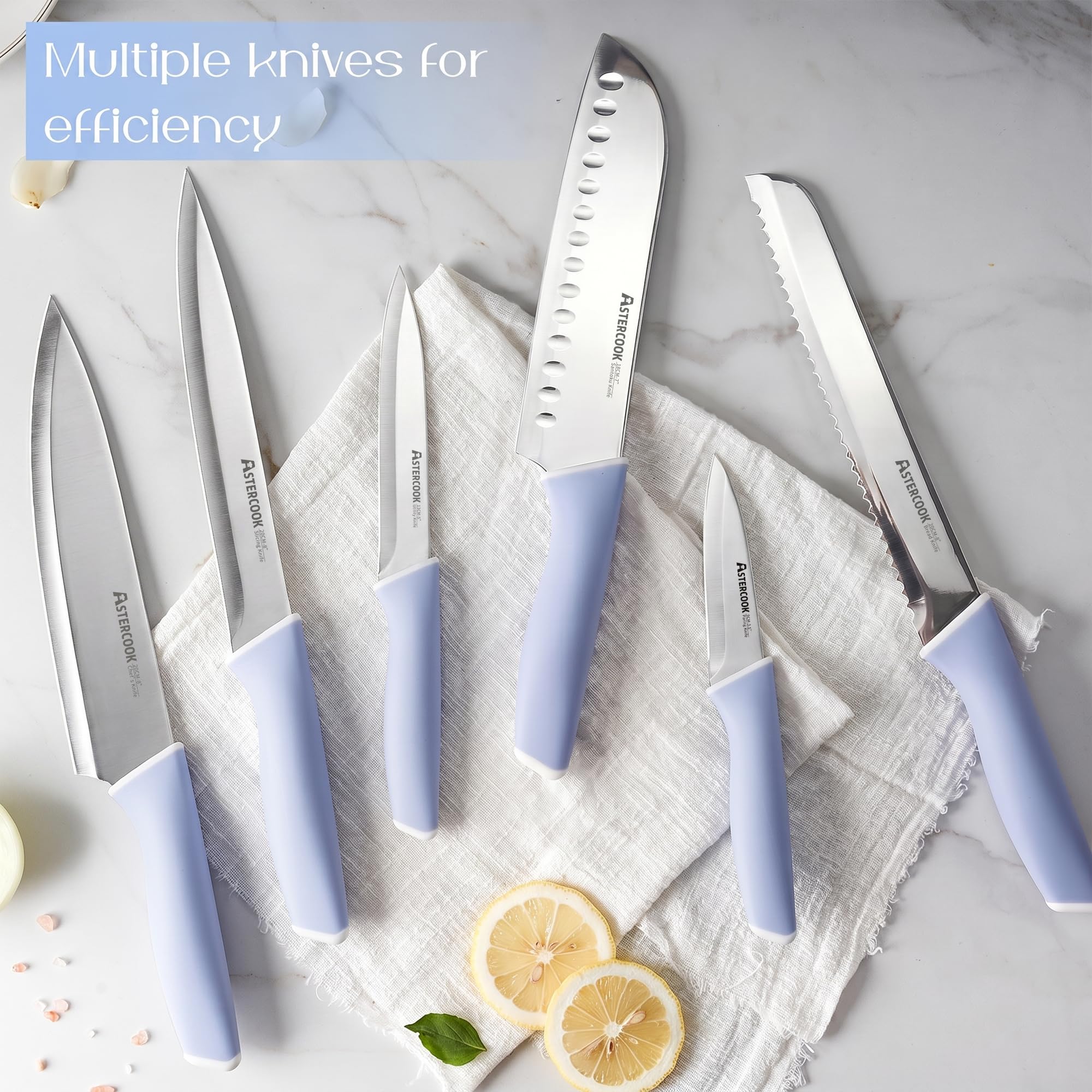 Astercook six serrated steak knives arranged for dining with consistent cutting benefit