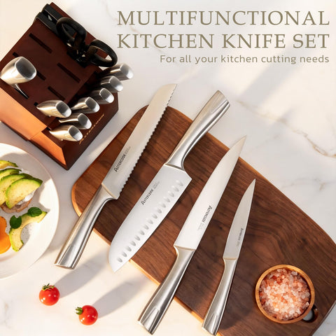 Astercook serrated steak knives lined up to show consistent slicing performance