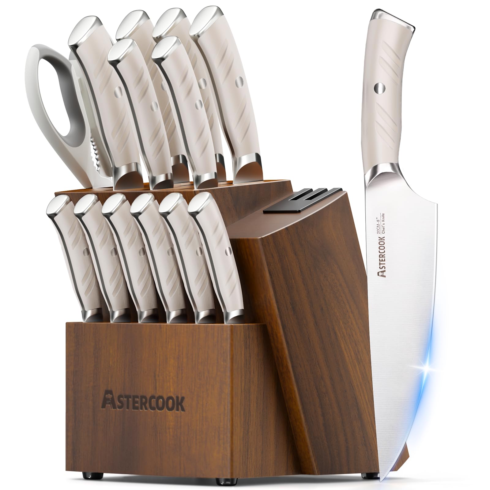 Astercook white block front view showing organized knives and clean aesthetic benefit
