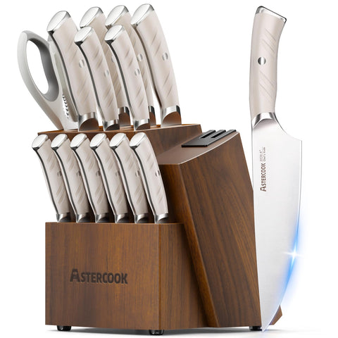 Astercook white block front view showing organized knives and clean aesthetic benefit
