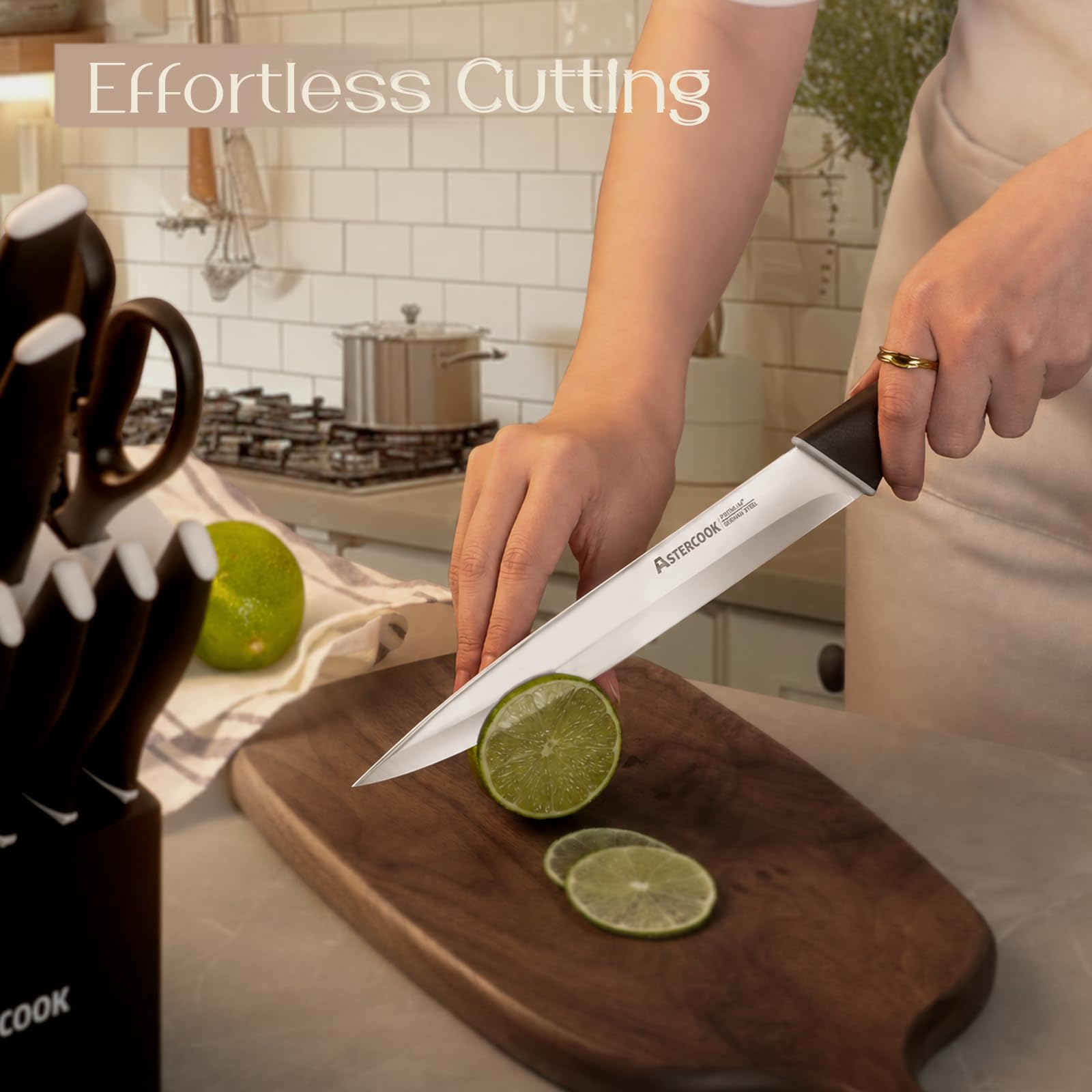 Astercook wooden block top showing built-in sharpener, easy edge maintenance