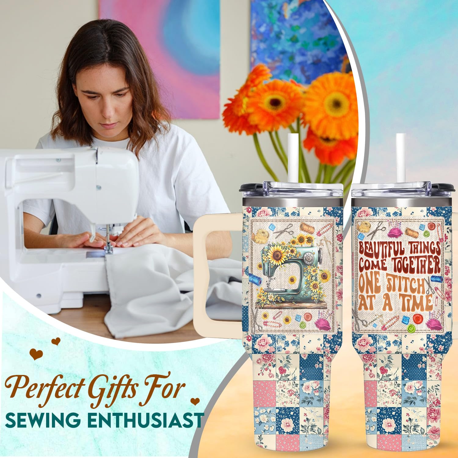 AT2Z GLOBAL close-up of sewing-themed print highlighting clear stitching motif benefit