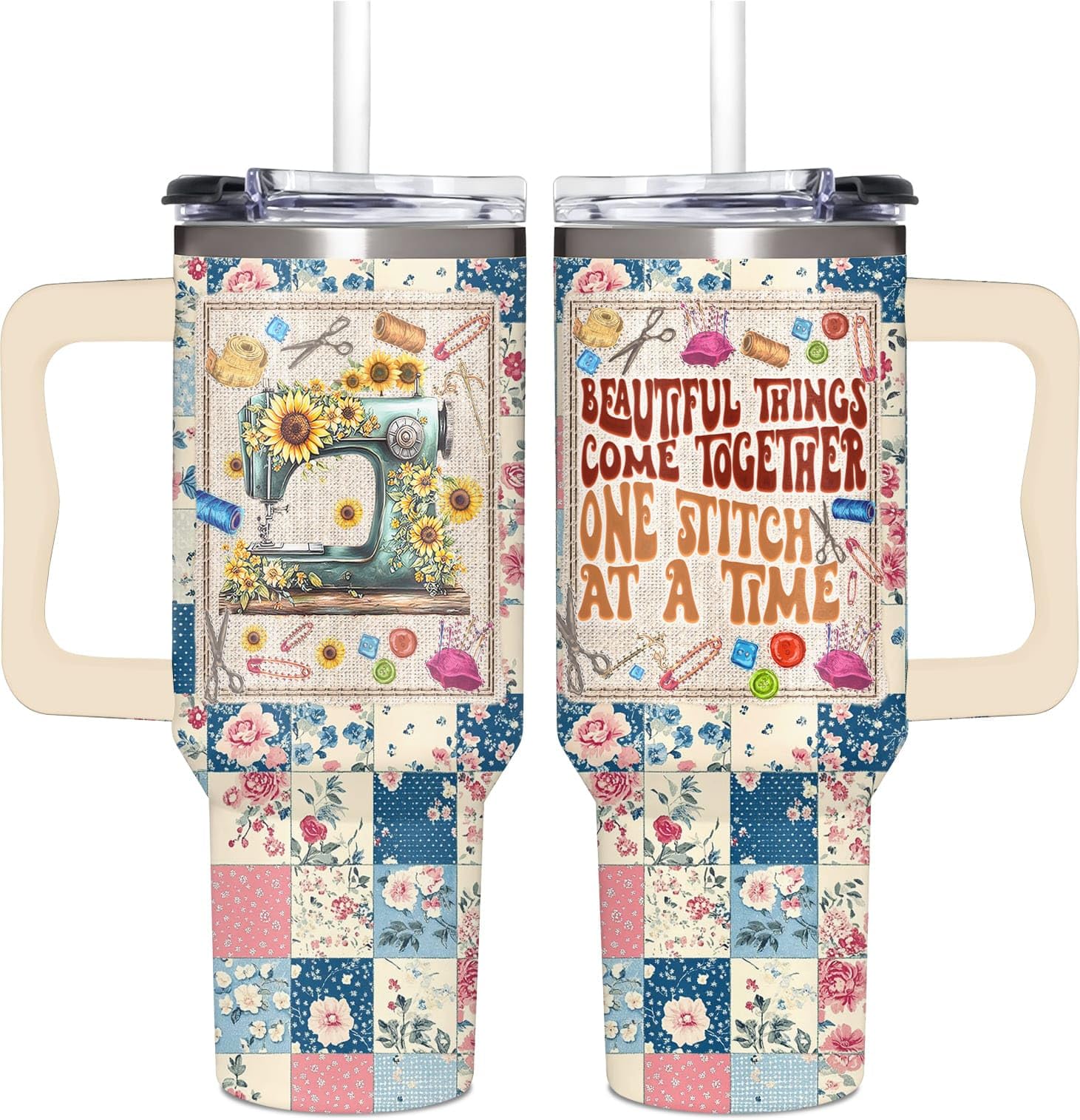 AT2Z GLOBAL front view of 40oz tumbler with handle showing capacity and design benefit