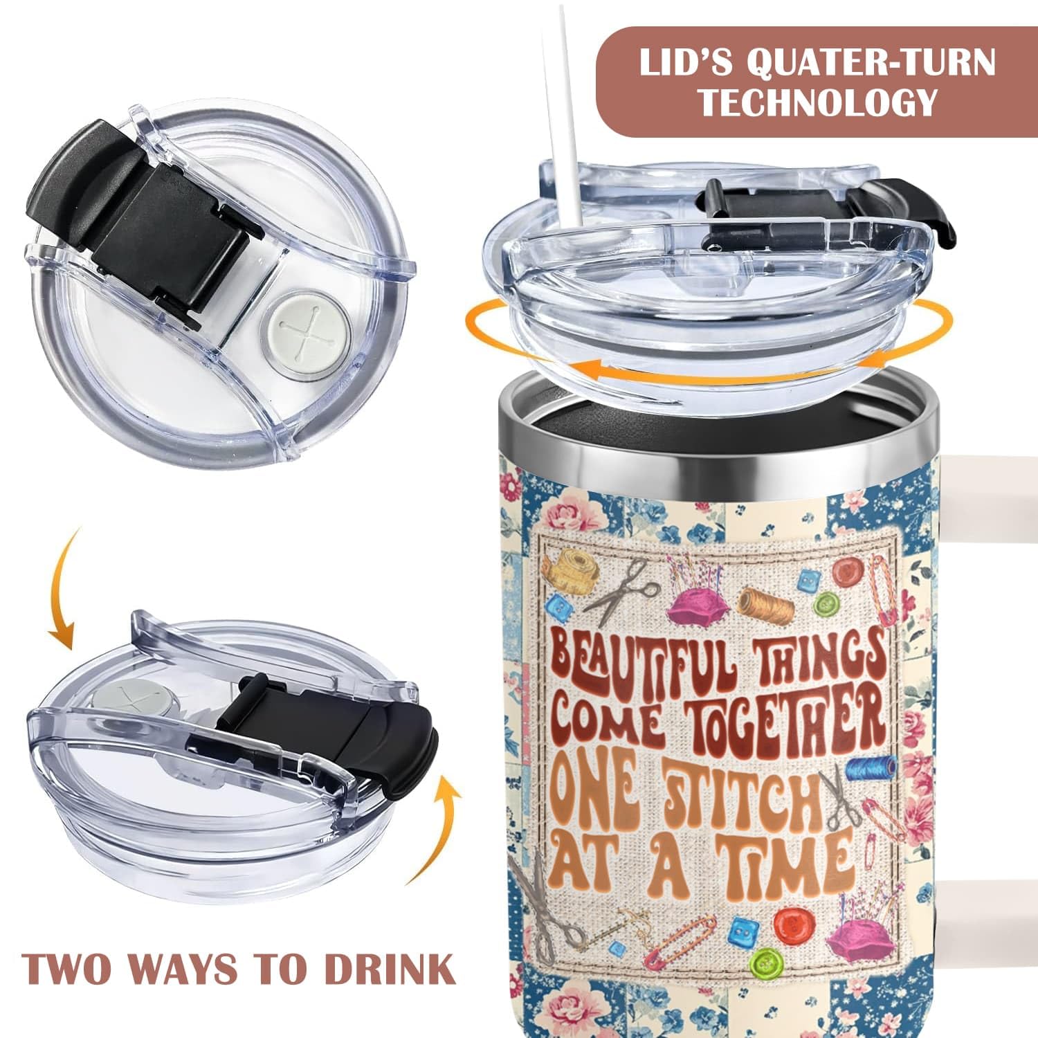 AT2Z GLOBAL tumbler held beside a sewing machine demonstrating ergonomic handle benefit