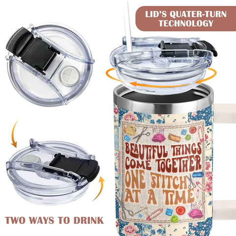 AT2Z GLOBAL tumbler held beside a sewing machine demonstrating ergonomic handle benefit