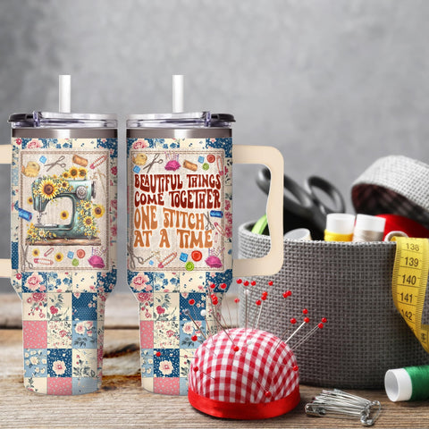 AT2Z GLOBAL tumbler next to a standard coffee mug illustrating large 40oz capacity benefit