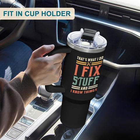 AT2Z GLOBAL tumbler in car cup holder demonstrating travel convenience