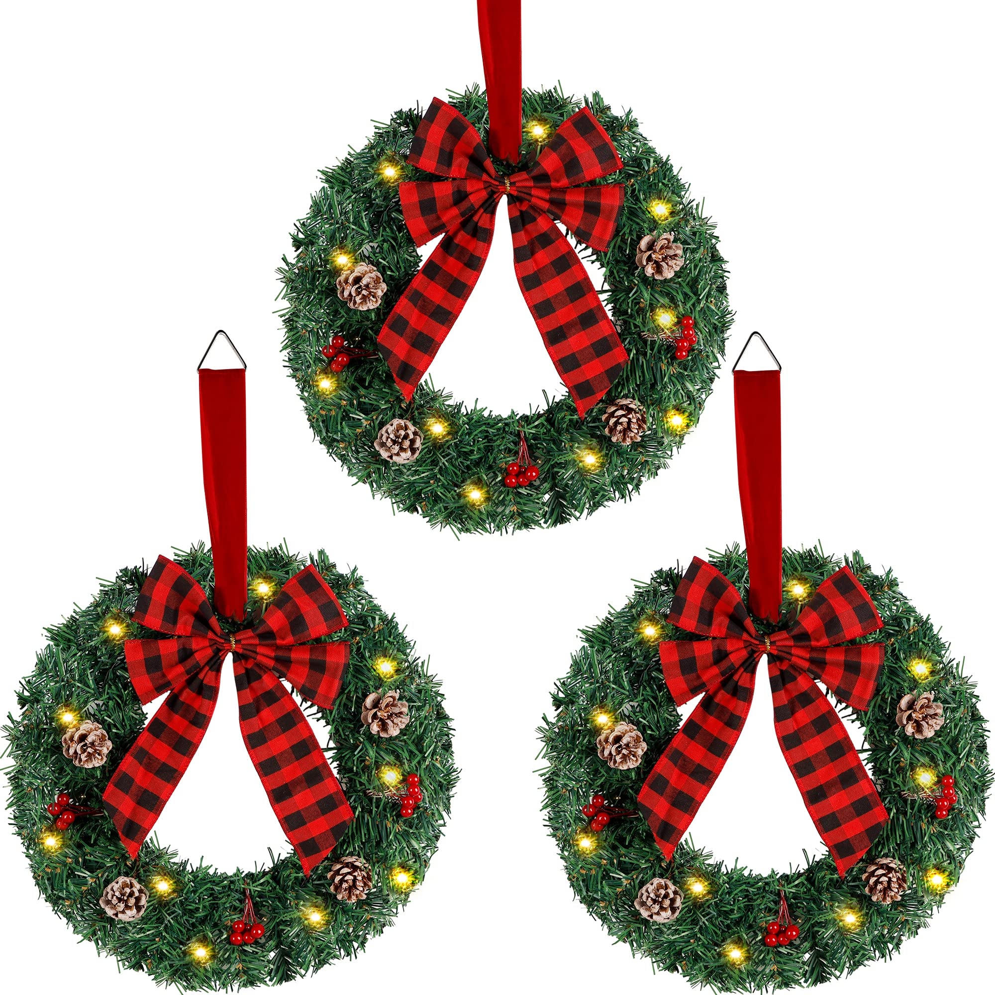 ATDAWN mini wreath front view showing realistic greenery and plaid bow