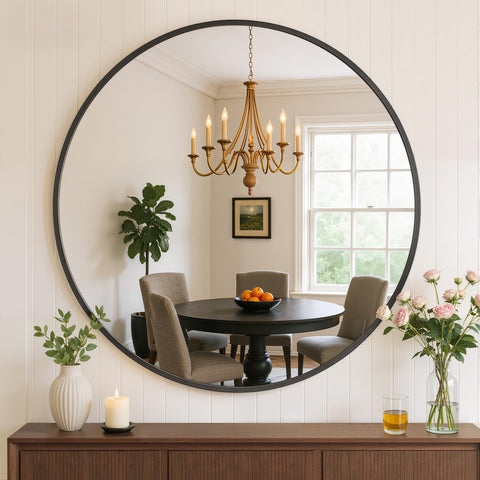 Atilioo front view of 20-inch round mirror showing sleek matte black frame and clean reflection benefit