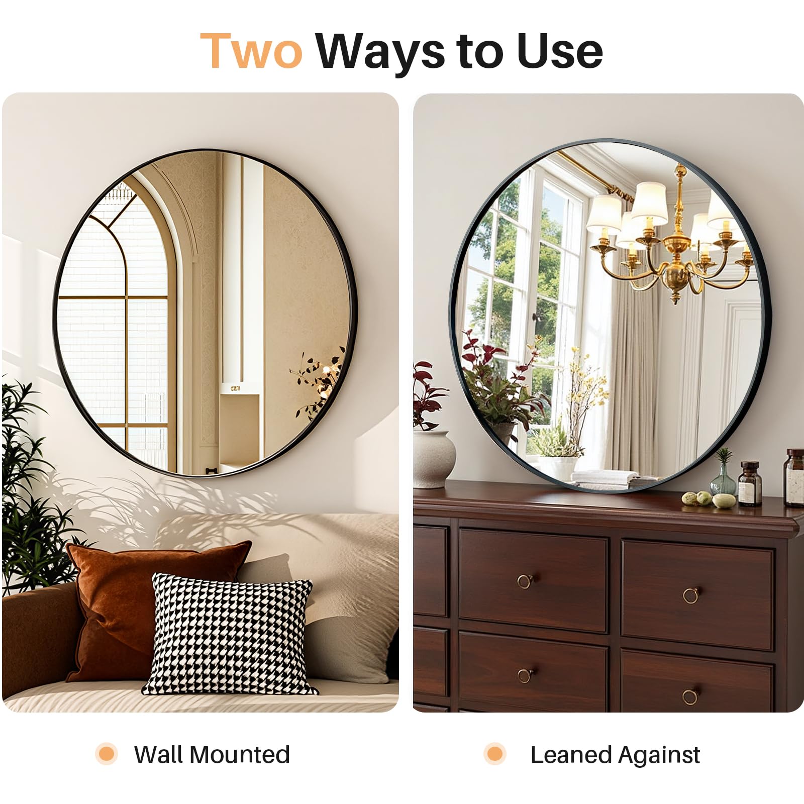 Atilioo round mirror leaning on dresser in bedroom for easy styling and flexible placement benefit