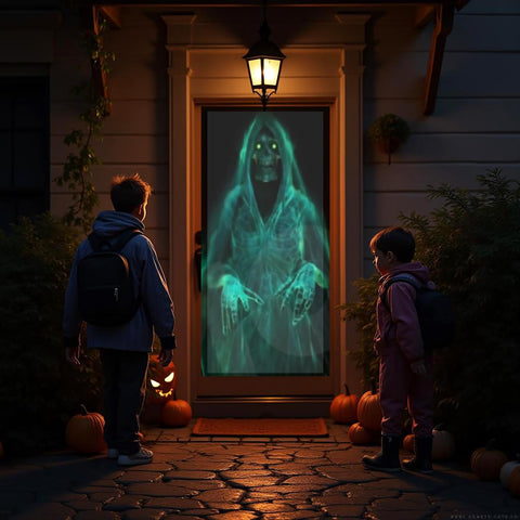 AtmosFX projection on a window creating life-sized haunted silhouette effect