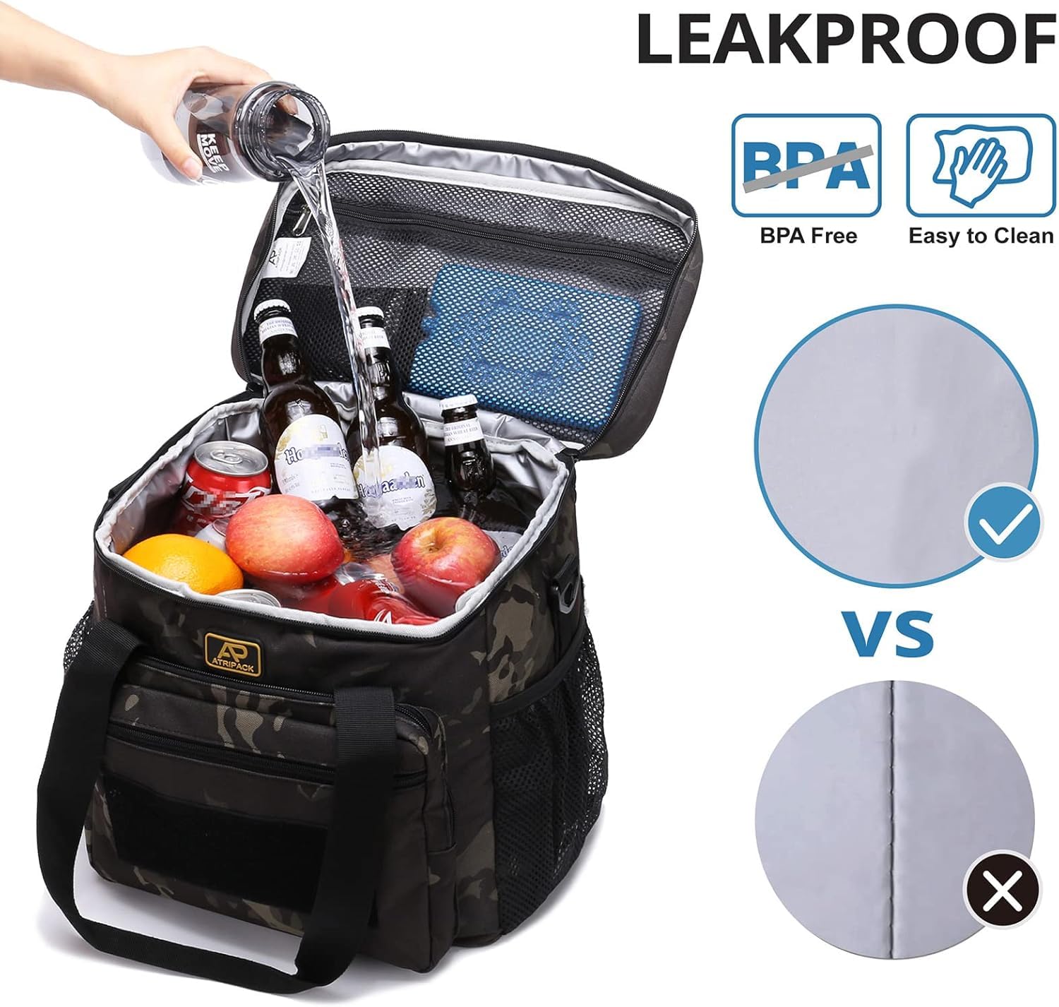 ATRIPACK side pocket with mesh bottle pouch keeping a water bottle secure and accessible