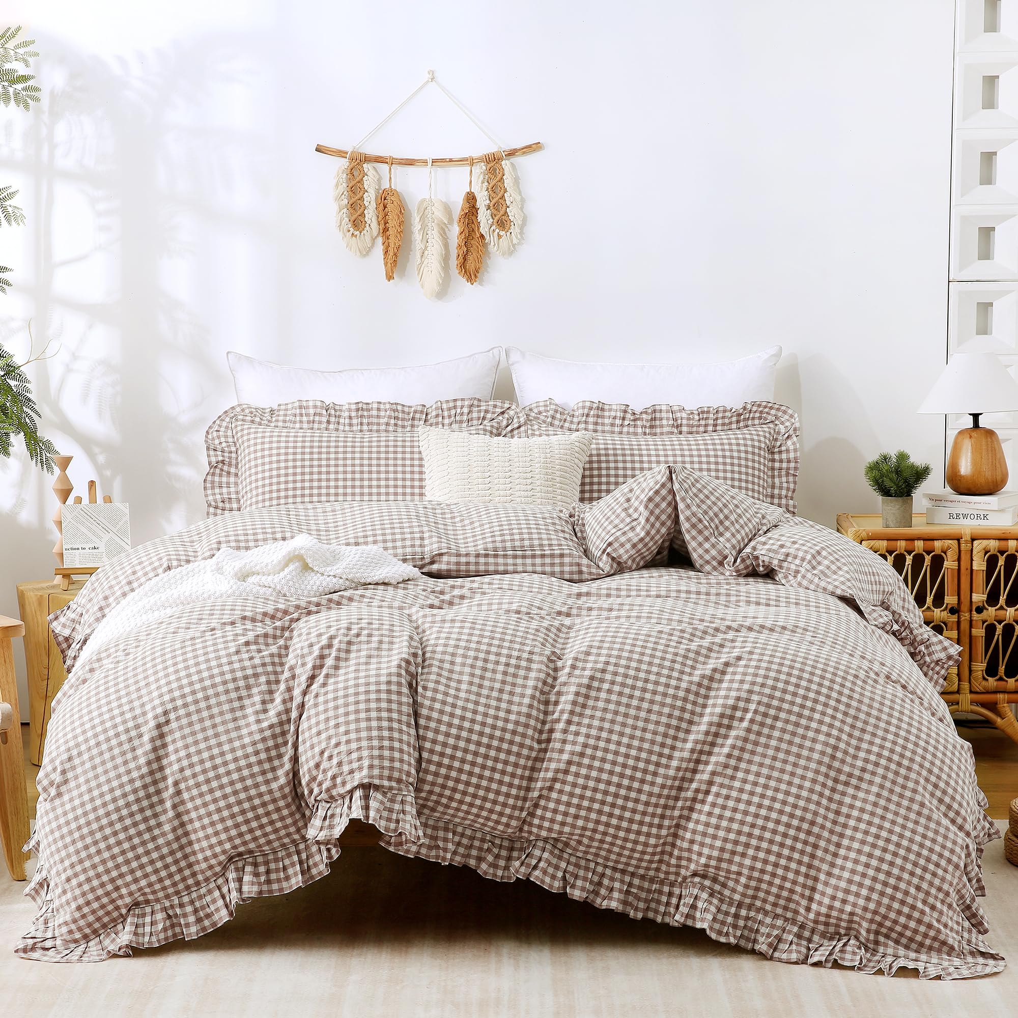 ATsense king duvet front view showing tan gingham and cozy finish