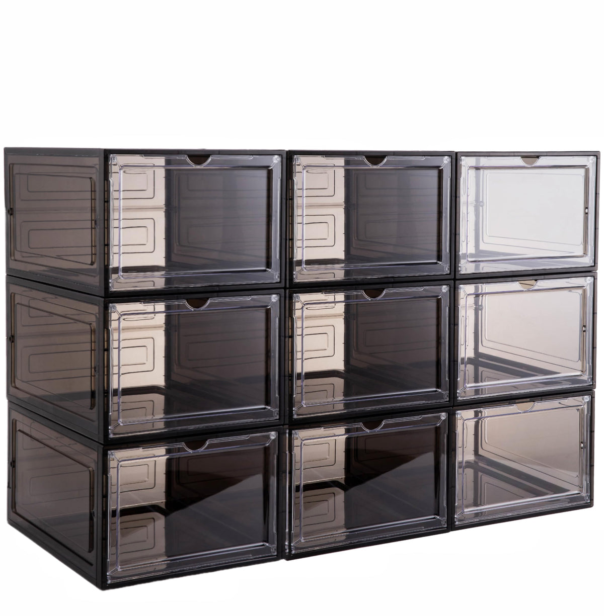 Attelite front view of nine stacked boxes showing tidy display and dust protection
