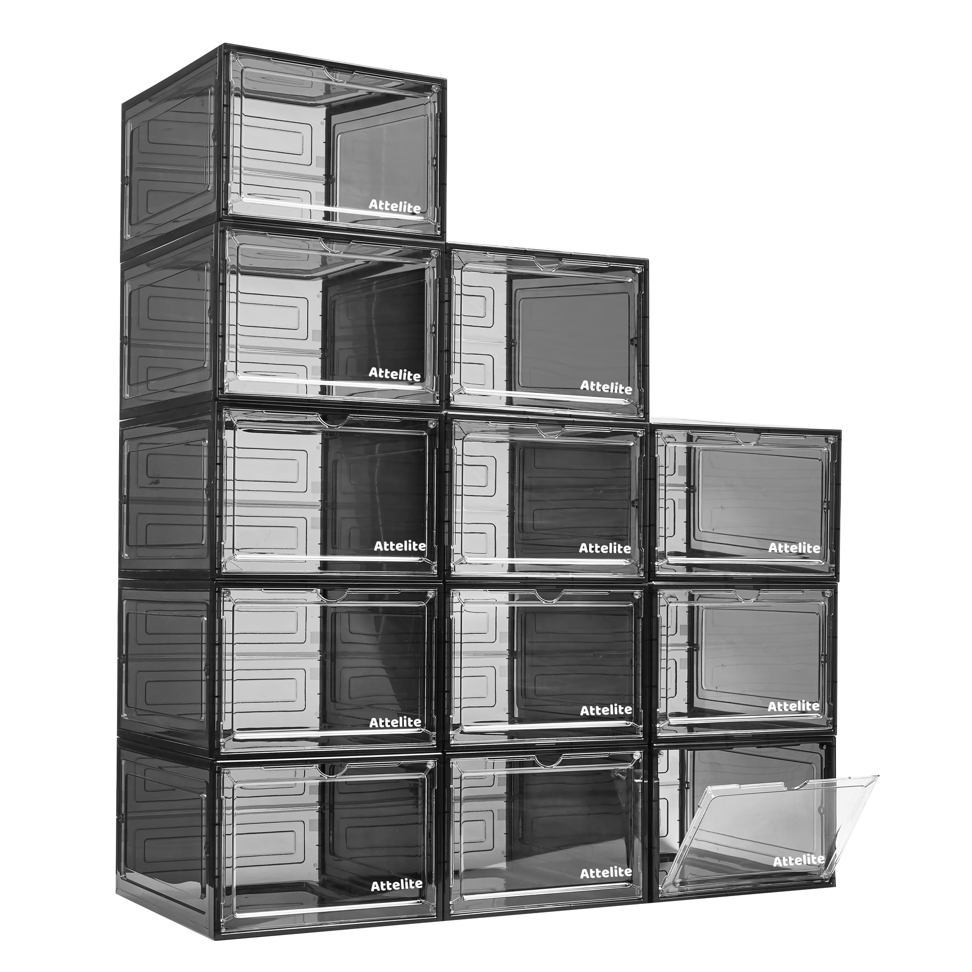 Attelite front packaging showing clear drop-front and neat stacked benefit